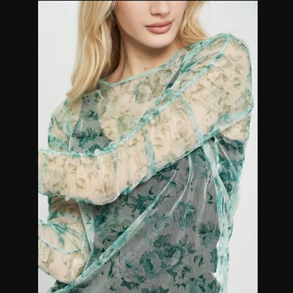 Zara Mesh Top S Green Floral Print Ruched Long Sleeve Sheer Trendy - Picture 8 of 16